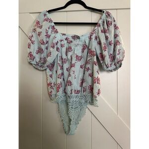 Free People Blue/Pink Angela Floral Off‎ Shoulder Puff Sleeve Bodysuit Size S